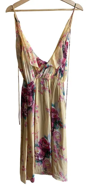 Anthropologie Meadow Rue Floral Silk Ruffle Midi Dress 4 Yellow V-Neck FLAW thumbnail 1