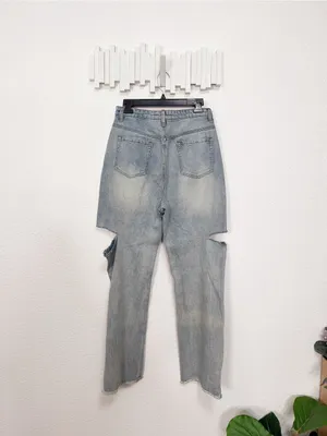 J.ING Light Wash Distressed Cutout Knee High Rise Wide Leg Jeans Raw Hem thumbnail 6