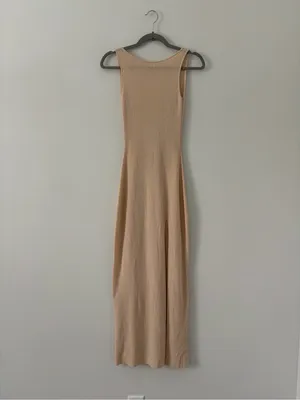 Meshki Maxine Sheer Knit Sleeveless Low Back Fitted Maxi Dress Tan Wheat XS thumbnail 3
