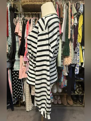 Anthropologie Maeve Striped Cinched Waist Long Sleeve Top M Black White thumbnail 3