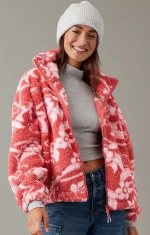 American Eagle Red/White Bear Hug Cozy Sherpa Zip Jacket‎ Sz Med Boho-Chic Fairy thumbnail 1