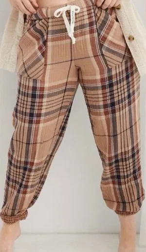 Aerie Soft Gauze Plaid Pajama Jogger Pants Womens Small Regular Brown/Tan Lounge thumbnail 1