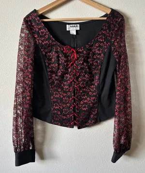 Vintage Banjo Black Red Lace Corset Long Sleeve Western Whimsygoth Blouse Medium thumbnail 1