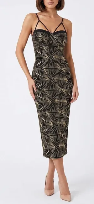 Codigo Black Gold Glitter Sunburst Multi Strap Bodycon Midi Dress Large thumbnail 1