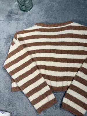 Altar'd State Cozy Striped V-Neck Cropped Sweater - Cream & Brown medium thumbnail 9