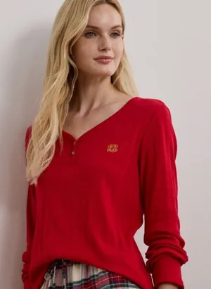 Lauren Ralph‎ Lauren Red Henley Loungewear Top Women's MEDIUM Preppy Casual thumbnail 1