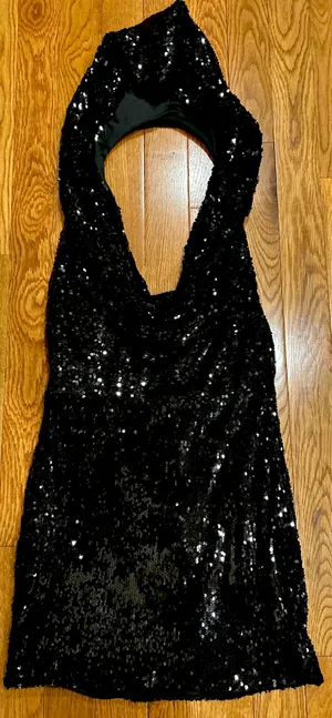 Akira NWT Cool Girl" Hood runway black Sequin Deep V Halter backless dress L thumbnail 8