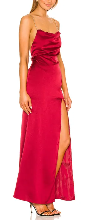 NBD Red Satin Maxi Slip Dress MEDIUM Gown Cowl Backless Slit Formal $258 NEW thumbnail 1