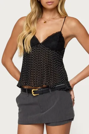 Edikted NWT Rhian Polka Dot Lace Trim Pleated Camisole thumbnail 1