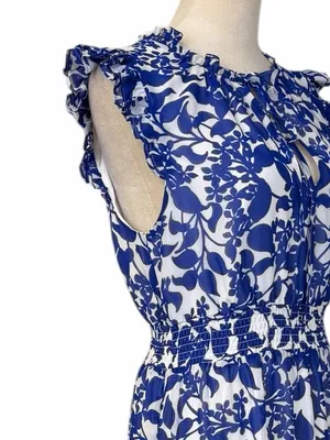 Sugar Lips Midi Dress Size M Floral Ruffle Smocked Tiered Blue White Tie Neck thumbnail 11