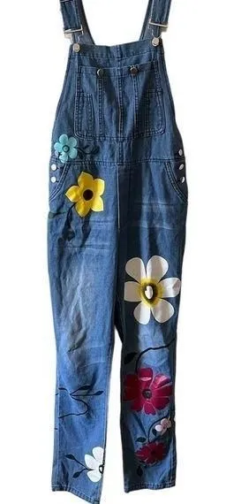 Denim overalls with flowers Blue thumbnail 1