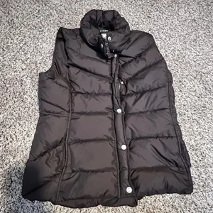 J.Crew Womens Brown Chevron Quilted Down Puffer Vest Large Stand Collar Zip Snap thumbnail 1