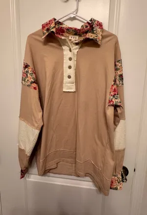 POL Beige Polo Top with Floral Trim thumbnail 1