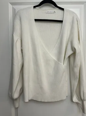 All in Favor Rib Bishop Sleeve Surplice Ribbed Sweater thumbnail 1