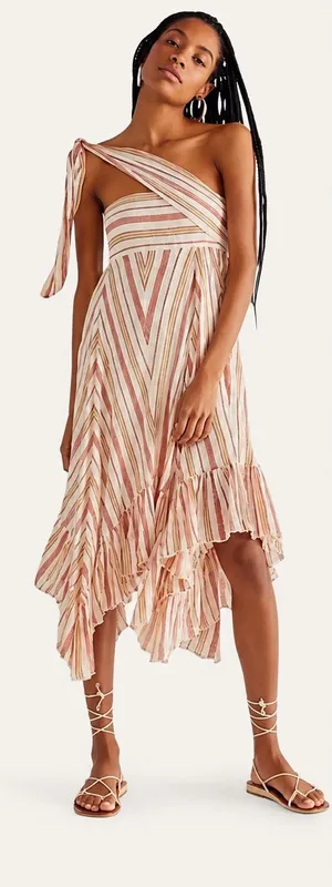 Free People One Giselle Convertible One-Shoulder Striped Midi Dress M thumbnail 1