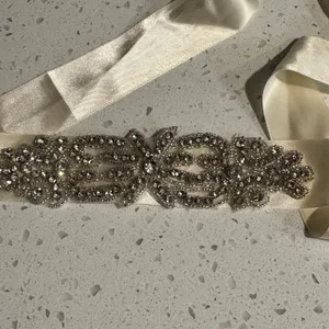 Ivory‎ Satin Bridal Sash Belt with Crystal Rhinestone Floral Applique Wedding thumbnail 2