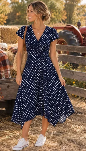 Polka Dot Faux Wrap Midi Dress Navy White Knotted Waist Short Sleeve Size 8 thumbnail 1