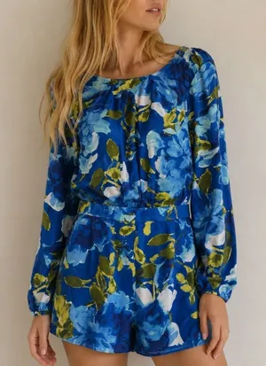 Lulus Sweetest Song Blue Floral Print Backless Long Sleeve‎ Romper Small Cottage thumbnail 1