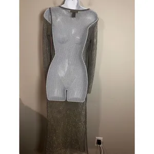 House of Harlow 1960 Silver Rhinestone Fishnet Mesh Maxi Dress XS Long‎ Sleeve thumbnail 5