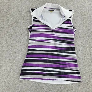 Greg Norman Womens Athletic‎ Tank Top S Purple White Stripes Collared Jersey thumbnail 6