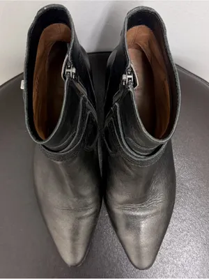 Frye Dark Pewter Leather Ellen Buckles Pointed Toe Block Heel Ankle Boots 7.5 M thumbnail 6