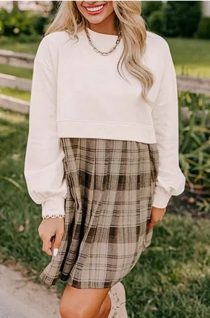 Chic Plaid A-Line Dress in Cream and Brown thumbnail 1