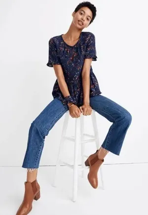 ✨Madewell Silk Stanza Ruffle-Hem Sz Large Top in Moonless Floral✨ thumbnail 1