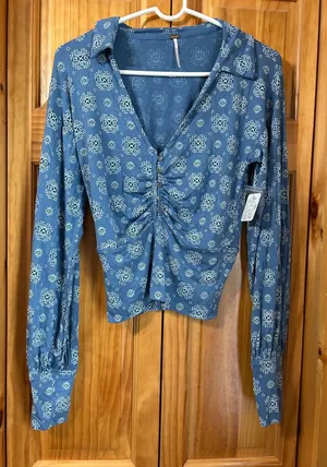 Free People Women's S Sydney Chambray Combo Bishop Sleeve‎ Top NWT Blue Stretch thumbnail 1