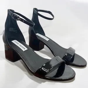 STEVE MADDEN Irene Sandals Size 5.5M Black Patent Leather Block Heel Classic thumbnail 1