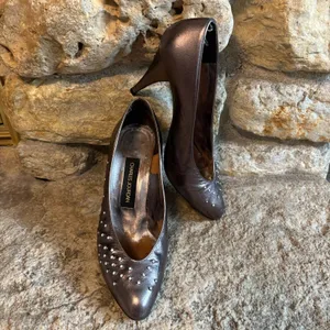 CHARLES JOURDAN Vintage Bronze Leather Rhinestones 3.5" Heels Pumps Shoes 9 thumbnail 2
