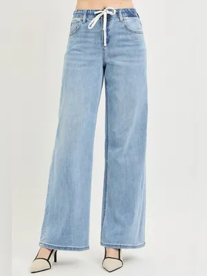 RISEN Light Wash Wide Leg Jeans Elastic Cinch Tie Waist Slouchy Various NEW thumbnail 6