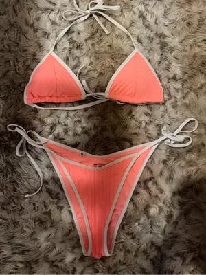Aerie Coral Ribbed Triangle Bikini with White Trim thumbnail 2