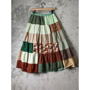 Vintage Homemade Patchwork Maxi Skirt Boho Prairie Cottagecore Peasant Tiered thumbnail 3