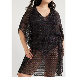Time and Tru Womens Coverup Black Size XL Crochet Kaftan Short Sleeve V-Neck thumbnail 4