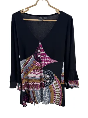 Suzie In The City Black Tunic babydoll ruffle L top Y2K abstract mixed prints thumbnail 1