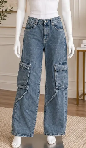 Papermoon Cargo Jeans Blue High Rise Wide Leg Utility Denim Y2K M/8 thumbnail 1