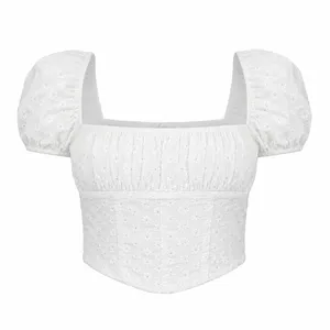 White Eyelet Embroidered Puff Sleeve Crop‎ Top Juniors M Cottagecore Coquette thumbnail 2
