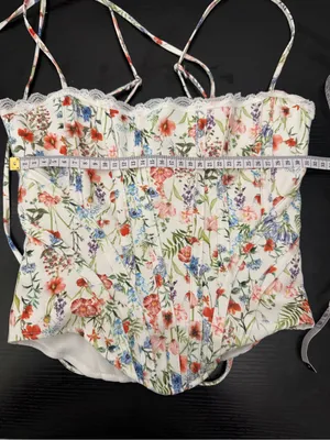 Floral Lace-Trim Spaghetti Strap Corset Top - White/Multicolor thumbnail 3