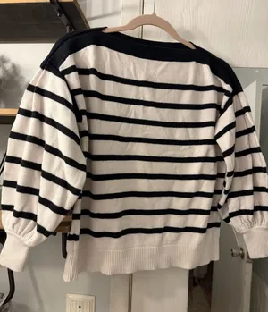 LOFT Black and Cream Striped Off-the-Shoulder Sweater thumbnail 1