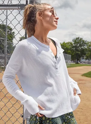 Aerie Offline Wow! Waffle Henley T-Shirt in White Size XS New with tags thumbnail 1