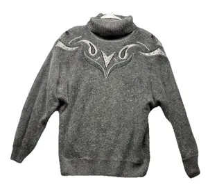 Vintage Silk Angora Wool Blend Gray Paisley Beaded Turtleneck Sweater Sz Small thumbnail 1