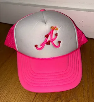 White and Pink Trucker Hat with Atlanta Braves Logo and Heart Detailing thumbnail 1