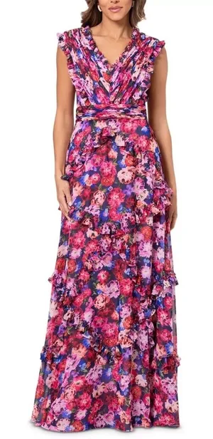 AQUA Formal Floral Ruffle Maxi Dress Pink Blue V-Neck‎ Sleeveless Size 0 NEW thumbnail 1
