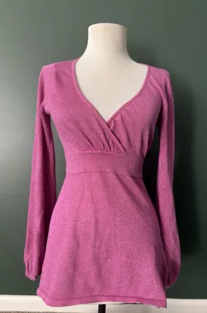 Vintage Y2K MKM Designs Pink Magenta Shimmer Long Sleeve Babydoll Top Sz Medium thumbnail 1