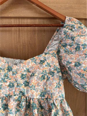 English Factory Women's Floral Puff Sleeve Top Teal, Orange & Cream size Large thumbnail 12