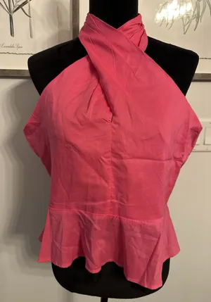 Ann Taylor Pink Peplum Top Criss Cross Halter Sleeveless Size Medium Preppy NEW thumbnail 1