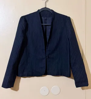 Women's Navy Pinstripe One-Button Blazer, Lined, Long Sleeve, Classic Business thumbnail 2