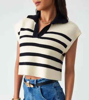 CIDER V Neck Cap Sleeve Sweater Vest Top Casual Trendy Striped Cream Black Sz. S thumbnail 8