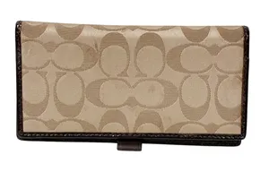 Coach Leather Checkbook Wallet in Signature Canvas Khaki‎ thumbnail 1