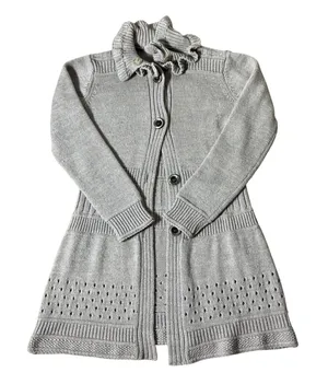 Dark Academia Coquette Wool Blend Ruffle Neck‎ Long Cardigan Women M Grey Knit thumbnail 1